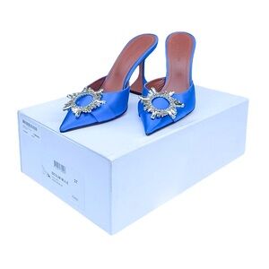 AMINA MUADDI Begum Crystal Embellished Blue Satin Mules Size 37 EU/IT  NIB